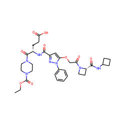 CCOC(=O)N1CCN(C(=O)[C@H](CCC(=O)O)NC(=O)c2cc(OCC(=O)N3CC[C@H]3C(=O)NC3CCC3)n(-c3ccccc3)n2)CC1 ZINC000095553803