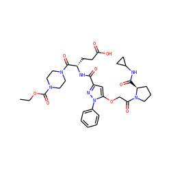 CCOC(=O)N1CCN(C(=O)[C@H](CCC(=O)O)NC(=O)c2cc(OCC(=O)N3CCC[C@@H]3C(=O)NC3CC3)n(-c3ccccc3)n2)CC1 ZINC000095555155