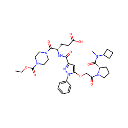 CCOC(=O)N1CCN(C(=O)[C@H](CCC(=O)O)NC(=O)c2cc(OCC(=O)N3CCC[C@H]3C(=O)N(C)C3CCC3)n(-c3ccccc3)n2)CC1 ZINC000095555894