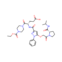 CCOC(=O)N1CCN(C(=O)[C@H](CCC(=O)O)NC(=O)c2cc(OCC(=O)N3CCC[C@H]3C(=O)NC(C)C)n(-c3ccccc3)n2)CC1 ZINC000095555588