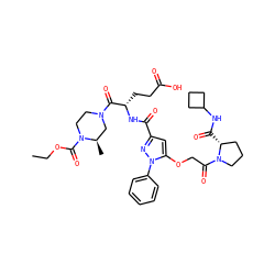 CCOC(=O)N1CCN(C(=O)[C@H](CCC(=O)O)NC(=O)c2cc(OCC(=O)N3CCC[C@H]3C(=O)NC3CCC3)n(-c3ccccc3)n2)C[C@H]1C ZINC000095552993