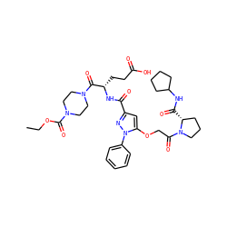 CCOC(=O)N1CCN(C(=O)[C@H](CCC(=O)O)NC(=O)c2cc(OCC(=O)N3CCC[C@H]3C(=O)NC3CCCC3)n(-c3ccccc3)n2)CC1 ZINC000095557643