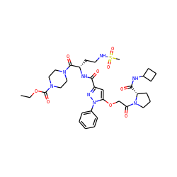 CCOC(=O)N1CCN(C(=O)[C@H](CCNS(C)(=O)=O)NC(=O)c2cc(OCC(=O)N3CCC[C@H]3C(=O)NC3CCC3)n(-c3ccccc3)n2)CC1 ZINC000095554474