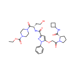 CCOC(=O)N1CCN(C(=O)[C@H](CCO)NC(=O)c2cc(OCC(=O)N3CCC[C@H]3C(=O)NC3CCC3)n(-c3ccccc3)n2)CC1 ZINC000095554172