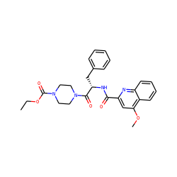 CCOC(=O)N1CCN(C(=O)[C@H](Cc2ccccc2)NC(=O)c2cc(OC)c3ccccc3n2)CC1 ZINC000142301908