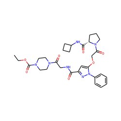 CCOC(=O)N1CCN(C(=O)CNC(=O)c2cc(OCC(=O)N3CCC[C@H]3C(=O)NC3CCC3)n(-c3ccccc3)n2)CC1 ZINC000095552334