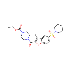 CCOC(=O)N1CCN(C(=O)c2oc3ccc(S(=O)(=O)N4CCCCC4)cc3c2C)CC1 ZINC000004099689