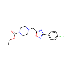 CCOC(=O)N1CCN(Cc2nc(-c3ccc(Cl)cc3)no2)CC1 ZINC000020027259