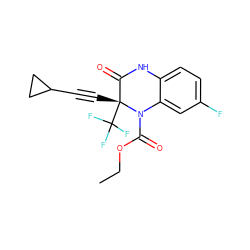 CCOC(=O)N1c2cc(F)ccc2NC(=O)[C@@]1(C#CC1CC1)C(F)(F)F ZINC000014943970