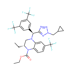 CCOC(=O)N1c2ccc(C(F)(F)F)cc2N([C@@H](c2cc(C(F)(F)F)cc(C(F)(F)F)c2)c2nnn(CC3CC3)n2)C[C@H]1CC ZINC000049786013