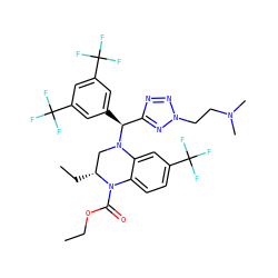 CCOC(=O)N1c2ccc(C(F)(F)F)cc2N([C@@H](c2cc(C(F)(F)F)cc(C(F)(F)F)c2)c2nnn(CCN(C)C)n2)C[C@H]1CC ZINC000049786036