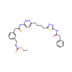 CCOC(=O)NCc1cccc(CC(=O)Nc2ccc(CCCCc3nnc(NC(=O)Cc4ccccc4)s3)nn2)c1 ZINC000169698281