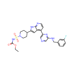 CCOC(=O)NS(=O)(=O)N1CCC(c2cc3c(-c4cncc(NCc5cccc(F)c5)n4)ccnc3[nH]2)CC1 ZINC000473224152