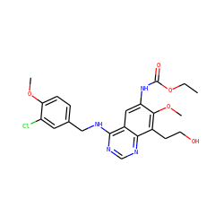 CCOC(=O)Nc1cc2c(NCc3ccc(OC)c(Cl)c3)ncnc2c(CCO)c1OC ZINC000045367434