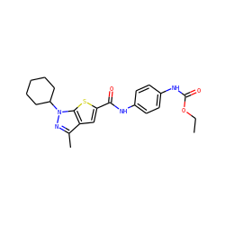 CCOC(=O)Nc1ccc(NC(=O)c2cc3c(C)nn(C4CCCCC4)c3s2)cc1 ZINC000114712047
