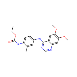 CCOC(=O)Nc1ccc(Nc2ncnc3cc(OC)c(OC)cc23)cc1C ZINC000084587178