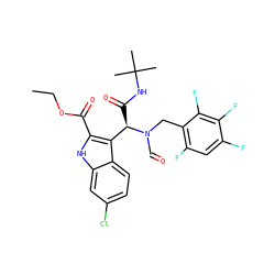 CCOC(=O)c1[nH]c2cc(Cl)ccc2c1[C@@H](C(=O)NC(C)(C)C)N(C=O)Cc1c(F)cc(F)c(F)c1F ZINC000224789724