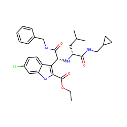 CCOC(=O)c1[nH]c2cc(Cl)ccc2c1[C@@H](N[C@H](CC(C)C)C(=O)NCC1CC1)C(=O)NCc1ccccc1 ZINC000113884890