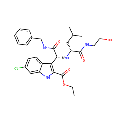 CCOC(=O)c1[nH]c2cc(Cl)ccc2c1[C@@H](N[C@H](CC(C)C)C(=O)NCCO)C(=O)NCc1ccccc1 ZINC000113884734