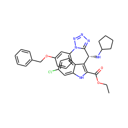 CCOC(=O)c1[nH]c2cc(Cl)ccc2c1[C@@H](NC1CCCC1)c1nnnn1-c1cccc(OCc2ccccc2)c1 ZINC001772581244
