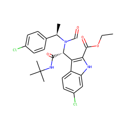 CCOC(=O)c1[nH]c2cc(Cl)ccc2c1[C@H](C(=O)NC(C)(C)C)N(C=O)[C@H](C)c1ccc(Cl)cc1 ZINC000113880697