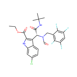 CCOC(=O)c1[nH]c2cc(Cl)ccc2c1[C@H](C(=O)NC(C)(C)C)N(C=O)Cc1c(F)c(F)cc(F)c1F ZINC000113883538