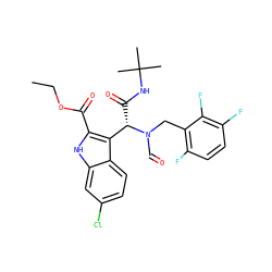 CCOC(=O)c1[nH]c2cc(Cl)ccc2c1[C@H](C(=O)NC(C)(C)C)N(C=O)Cc1c(F)ccc(F)c1F ZINC000113885675