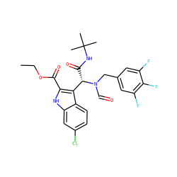 CCOC(=O)c1[nH]c2cc(Cl)ccc2c1[C@H](C(=O)NC(C)(C)C)N(C=O)Cc1cc(F)c(F)c(F)c1 ZINC000113880803