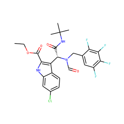 CCOC(=O)c1[nH]c2cc(Cl)ccc2c1[C@H](C(=O)NC(C)(C)C)N(C=O)Cc1cc(F)c(F)c(F)c1F ZINC000113885326