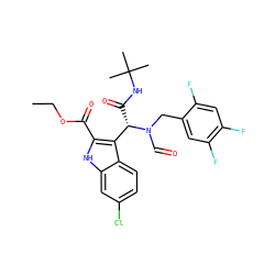 CCOC(=O)c1[nH]c2cc(Cl)ccc2c1[C@H](C(=O)NC(C)(C)C)N(C=O)Cc1cc(F)c(F)cc1F ZINC000113880710