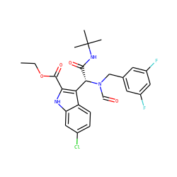 CCOC(=O)c1[nH]c2cc(Cl)ccc2c1[C@H](C(=O)NC(C)(C)C)N(C=O)Cc1cc(F)cc(F)c1 ZINC000113879905