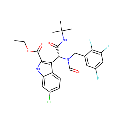 CCOC(=O)c1[nH]c2cc(Cl)ccc2c1[C@H](C(=O)NC(C)(C)C)N(C=O)Cc1cc(F)cc(F)c1F ZINC000113882176