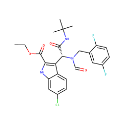 CCOC(=O)c1[nH]c2cc(Cl)ccc2c1[C@H](C(=O)NC(C)(C)C)N(C=O)Cc1cc(F)ccc1F ZINC000113885682