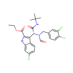 CCOC(=O)c1[nH]c2cc(Cl)ccc2c1[C@H](C(=O)NC(C)(C)C)N(C=O)Cc1ccc(Cl)c(Cl)c1 ZINC000113885526