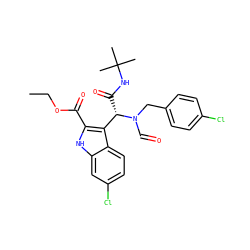 CCOC(=O)c1[nH]c2cc(Cl)ccc2c1[C@H](C(=O)NC(C)(C)C)N(C=O)Cc1ccc(Cl)cc1 ZINC000113884788