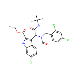 CCOC(=O)c1[nH]c2cc(Cl)ccc2c1[C@H](C(=O)NC(C)(C)C)N(C=O)Cc1ccc(Cl)cc1Cl ZINC000113883394