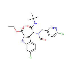 CCOC(=O)c1[nH]c2cc(Cl)ccc2c1[C@H](C(=O)NC(C)(C)C)N(C=O)Cc1ccc(Cl)nc1 ZINC000113885042