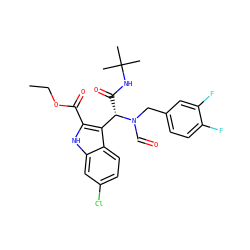 CCOC(=O)c1[nH]c2cc(Cl)ccc2c1[C@H](C(=O)NC(C)(C)C)N(C=O)Cc1ccc(F)c(F)c1 ZINC000113878987