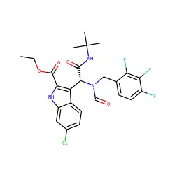 CCOC(=O)c1[nH]c2cc(Cl)ccc2c1[C@H](C(=O)NC(C)(C)C)N(C=O)Cc1ccc(F)c(F)c1F ZINC000113879037