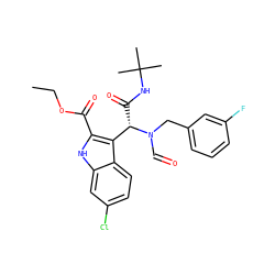 CCOC(=O)c1[nH]c2cc(Cl)ccc2c1[C@H](C(=O)NC(C)(C)C)N(C=O)Cc1cccc(F)c1 ZINC000113899891