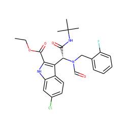 CCOC(=O)c1[nH]c2cc(Cl)ccc2c1[C@H](C(=O)NC(C)(C)C)N(C=O)Cc1ccccc1F ZINC000113880251