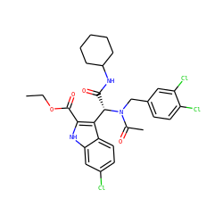 CCOC(=O)c1[nH]c2cc(Cl)ccc2c1[C@H](C(=O)NC1CCCCC1)N(Cc1ccc(Cl)c(Cl)c1)C(C)=O ZINC000113884397