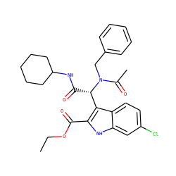 CCOC(=O)c1[nH]c2cc(Cl)ccc2c1[C@H](C(=O)NC1CCCCC1)N(Cc1ccccc1)C(C)=O ZINC000113887779