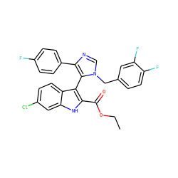 CCOC(=O)c1[nH]c2cc(Cl)ccc2c1-c1c(-c2ccc(F)cc2)ncn1Cc1ccc(F)c(F)c1 ZINC001772570852
