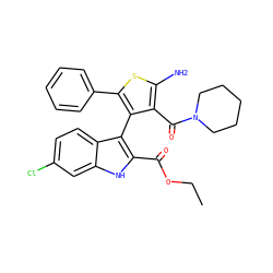 CCOC(=O)c1[nH]c2cc(Cl)ccc2c1-c1c(-c2ccccc2)sc(N)c1C(=O)N1CCCCC1 ZINC000146195345