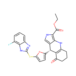 CCOC(=O)c1[nH]cc2c1NC1=C(C(=O)CCC1)[C@@H]2c1ccc(Sc2nc3cccc(F)c3[nH]2)o1 ZINC000299858522