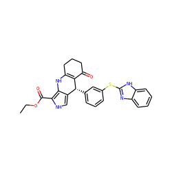 CCOC(=O)c1[nH]cc2c1NC1=C(C(=O)CCC1)[C@@H]2c1cccc(Sc2nc3ccccc3[nH]2)c1 ZINC000299869816