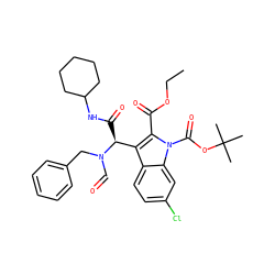 CCOC(=O)c1c([C@H](C(=O)NC2CCCCC2)N(C=O)Cc2ccccc2)c2ccc(Cl)cc2n1C(=O)OC(C)(C)C ZINC000113881003