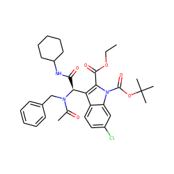 CCOC(=O)c1c([C@H](C(=O)NC2CCCCC2)N(Cc2ccccc2)C(C)=O)c2ccc(Cl)cc2n1C(=O)OC(C)(C)C ZINC000113885590