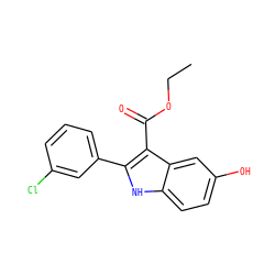 CCOC(=O)c1c(-c2cccc(Cl)c2)[nH]c2ccc(O)cc12 ZINC000045496929